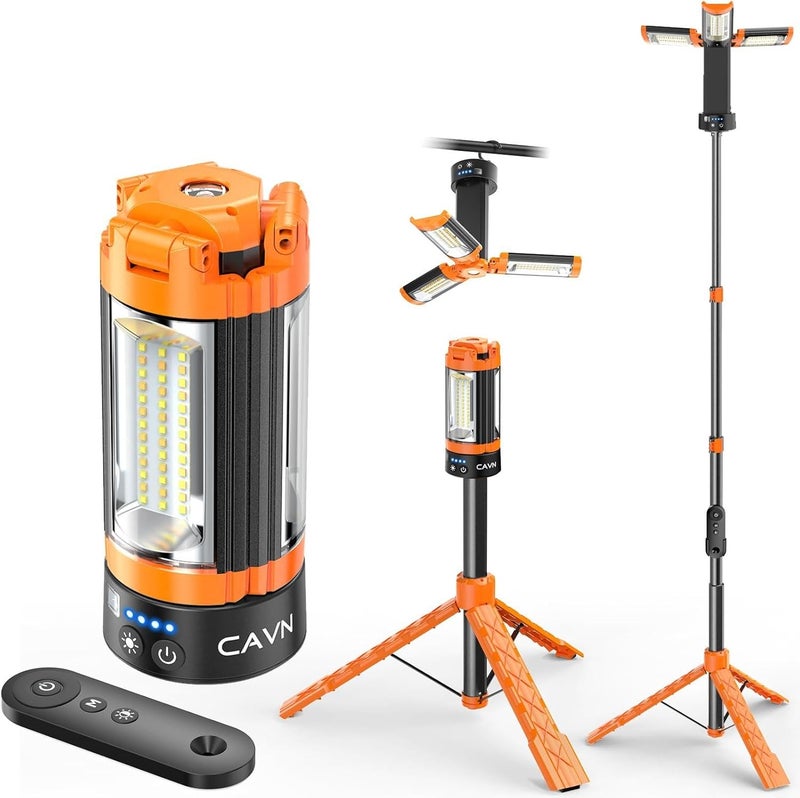 CAVN Rechargeable Camping Lights with Remote & Detachable Tripod Max Height 6.7 ft, Portable Work Light with 3 LED Lamp Heads, Camping Essentials Gear Emergency Flashlight with Hook, Orange - Image 1